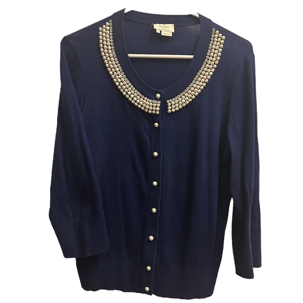 Kate Spade New York Tula pearl embellished Navy cardigan Sweater Sz large